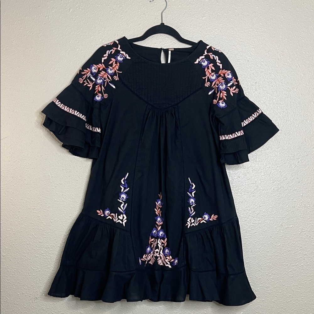 Free People Women’s Black Embroidered Boho Mini Dress – Size Sm Festive Goth